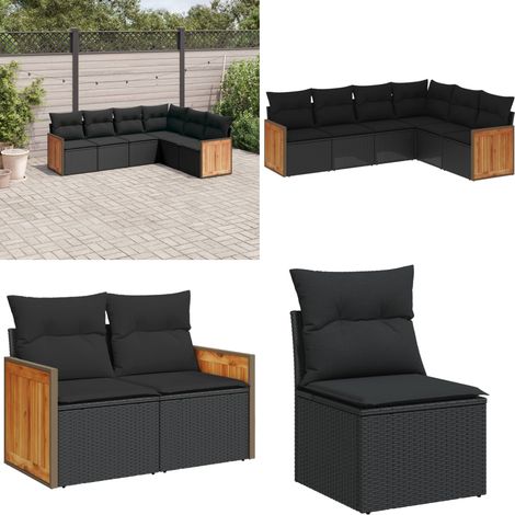 Salon de jardin 6 pcs avec coussins noir résine tressée - Ensemble Salon De Jardin - Meuble De Jardin - Salon Extérieur - Mobilier De Jardin - Chaise Longue - Home & Living (1/5)