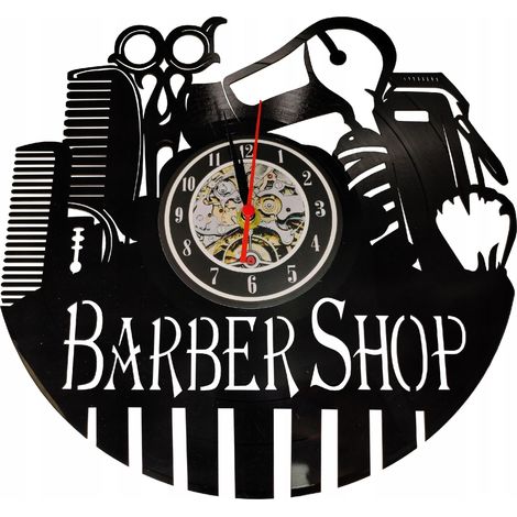 Wanduhr mit Vinyl-Schallplattenmotiv aus einem Friseursalon