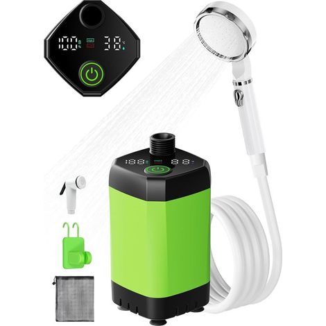 Ducha portátil para camping de 6000 mAh con bomba, indicador de temperatura, recargable por USB, ducha silenciosa para exteriores. (1/5)