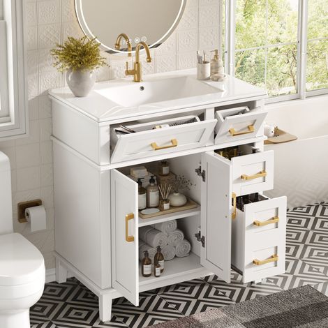 Mobile bagno con lavabo in ceramica, 76 x 46,5 x 86 cm, bianco DESVIAE (1/5)