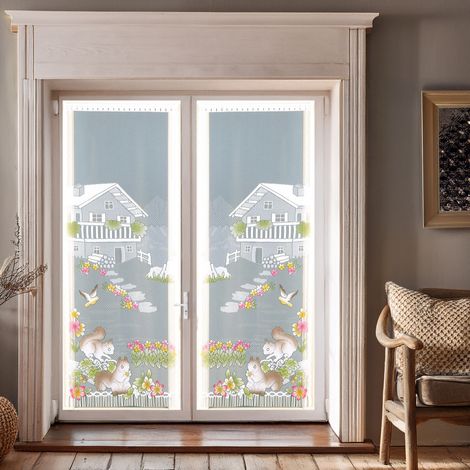 Paire de vitrages frangés en dentelle chalet et animaux Vert 60x220 cm (1/2)