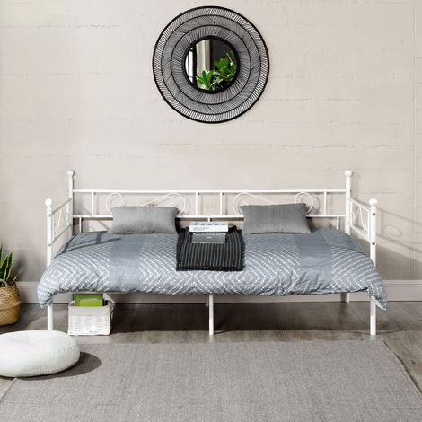 Eggree – Canapé-lit simple en métal 90x190 cm – Structure robuste avec sommier à lattes – Capacité de chargement élevée – Blanc (1/3)