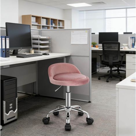 Tabouret de bureau 30x30x53-65.5 cm rose en velours et métal réglable avec roulettes (1/3)
