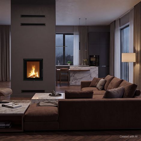Stahlkamin KRATKI MAGMA 13 kW 200 mit gusseisernem Brennwertkessel, schwarz Verkleidung (1/5)