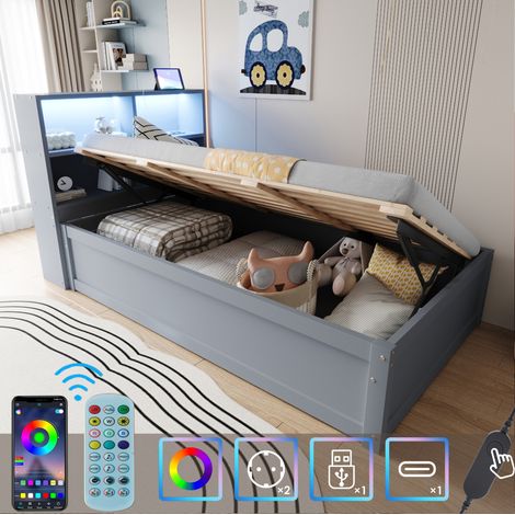 CHICFURN Cama individual 90x200 cm de madera gris con almacenaje, enchufe y LED (1/5)