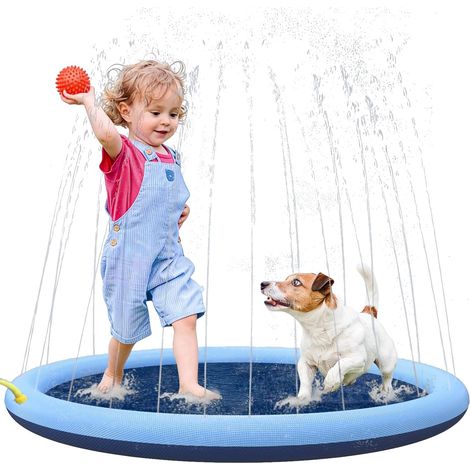 Tapis de jeu d'eau de 100 cm pour enfants et animaux domestiques, en PVC antidérapant, adapté aux jeux d'été en plein air dans le jardin, avec adaptateur (bleu). (1/5)
