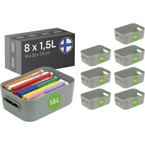 Panier de Rangement 8× 1.5 L  Petite boite de rangement pour étagères, salle de bain, bureau  Rangement Multiusage en plastique recyclé  Vert L20 x W14 x H7,5 cm (1/5)