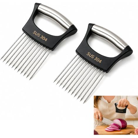 2-Piece Onion and Vegetable Slicer Set with 10 Stainless Steel Needles, Cutting and Slicing Aid for Onions, Tomatoes, Lemons, Potatoes, Fruits, Vegetables, and Meat, Black (1/5)