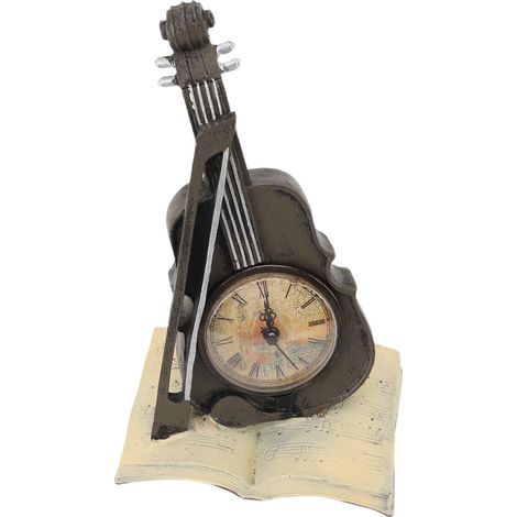 Horloge violon au design vintage, posée sur un livre de musique. Modèle en résine représentant un violon, idéale pour un chef d'orchestre, un professeur de musique ou un étudiant. (1/5)