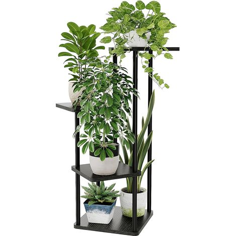Support d'angle pour plantes d'intérieur, étagère en métal à 4 niveaux pour plusieurs plantes, support de fleurs haut pour terrasse, jardin, balcon, salon, chambre à coucher (noir) (1/5)