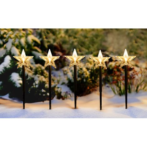 LED Garten Stern Leuchtstäbe 5er Set - je 35 cm - Balkon Weihnachts Deko Gartenstecker warm weiß mit Timer