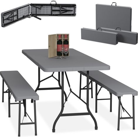 Relaxdays Bierzeltgarnitur klappbar, 3-tlg. Bierbank Set mit großem Tisch, für Garten, Festzeltgarnitur, 180 cm, grau (1/5)