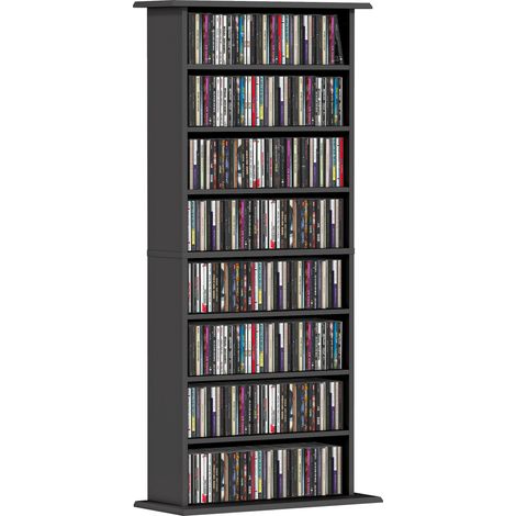 CD/DVD-Regal mit 8 Fächern, 6 verstellbare Einlegeböden, Kapazität für 360 CDs/185 Blu-ray DVDs, schwarzes Aufbewahrungsmöbel, Multimedia-Bücherregal mit Schubladen und Fächern, ideal für Wohnzimmer o