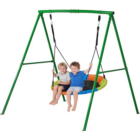 Kit Balançoire de Jardin 199,6 kg, Portique Balançoire avec Siège Soucoupe, pour Arrière-cour Aire de Jeux Extérieur, Trapèze Métallique en Forme de A, Stable avec Ancrages de Sol en Spirale (1/5)