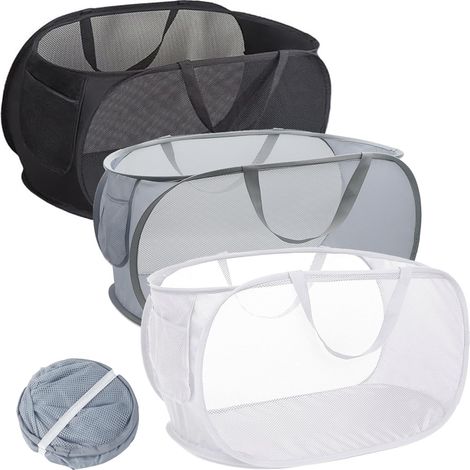 Lot de 3 paniers à linge pliables – Panier à linge pliable en maille avec poignées renforcées et poche latérale, panier à vêtements pliable (1/5)