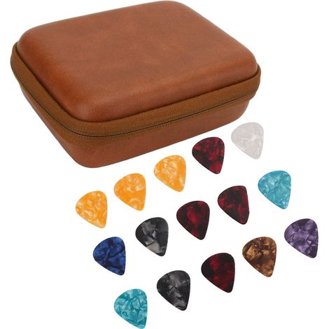 Ensemble de pochettes pour médiators, grande capacité, imperméable, boîte de rangement de haute qualité en tissu EVA protecteur, comprend 15 médiators, marron (avec sangle). (1/5)
