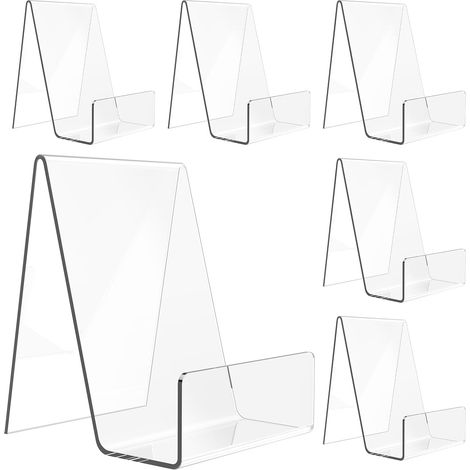 Ensemble de 6 présentoirs en acrylique transparents, supports chevalet pour la présentation de livres, albums, CD, magazines, cartes postales, photos, assiettes, œuvres d'art, téléphones et tablettes. (1/5)