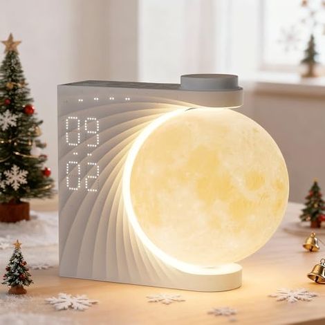 Lampe de Lune avec Réveil Lumineux, 2 Réveils, Lumière Lunaire RGB 8 Couleurs, 10 Sons Naturels, Veilleuse 3 Niveaux de Luminosité Lampe de Chevet pour .（rotation manuelle） [Classe énergétique A]