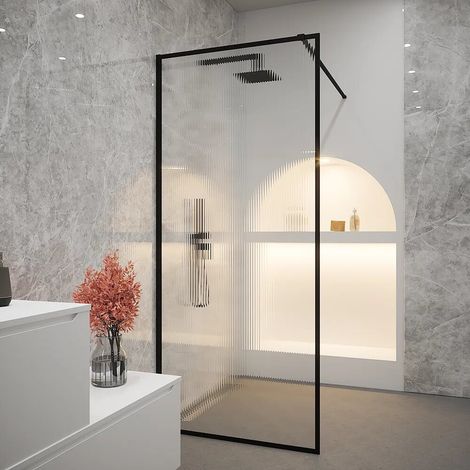 Doccia Walk-in Full Frame 60 cm Profili in Alluminio Nero Vetro Cannettato con Trattamento Anticalcare h200 - Reversibile Mod. Rodi