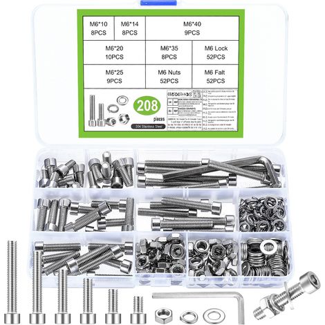 Lot de 208 vis M6, vis à tête cylindrique, jeux d'écrous, vis hexagonales en acier inoxydable, ensemble et rondelles, vis à six pans creux avec écrous, vis à machine, assortiment (208, M6) (1/5)
