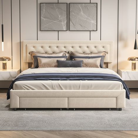 Letto contenitore matrimoniale 180x200 cm in velluto beige con 2 cassetti - Testiera imbottita capitonné - Rete a doghe inclusa(180x200cm, Beige)