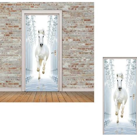 3D Photo Door Sticker - White Wild Horse, Adhesive Wood Door Decal, Home Wall Decor. (1/5)