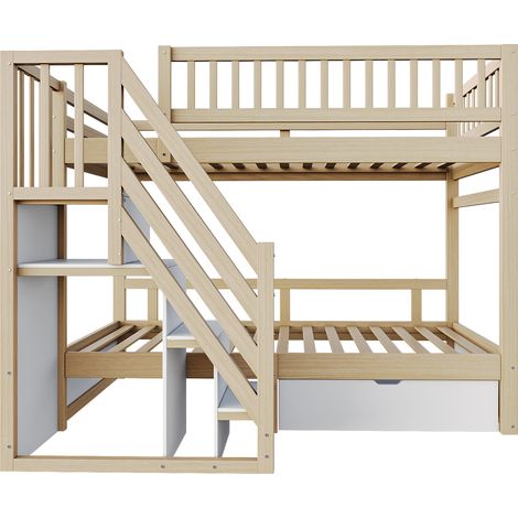 Letto a castello 90x200 cm in legno con scala contenitore e cassetti (1/5)