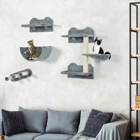 Kletterwand-Set für Katzen, Hängematte, Kratzbrett, Sprungplattformen, Plüsch, Sisal, Grau