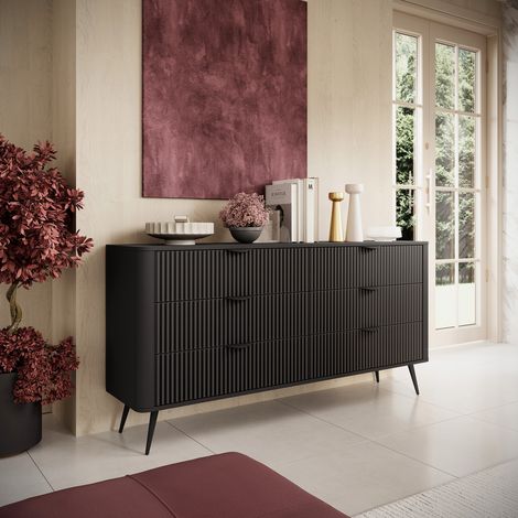 Aparador Hali, Cómoda 6 Cajones, un Estante, Puerta Corredera, 163x38x81h cm Negro (1/5)