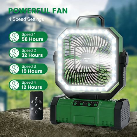 (Vert) Ventilateur portable avec un crochet rotatif à 360°, adapté aux tentes de pêche, aux bureaux et à d'autres applications. (1/5)