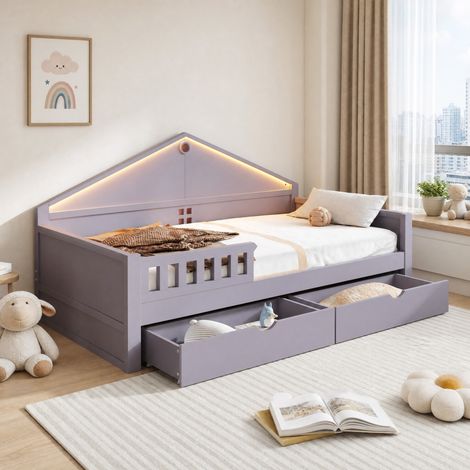 Cama infantil 90 x 200 cm con banda LED, 2 cajones y somier de lamas, gris HAVRYA (1/5)