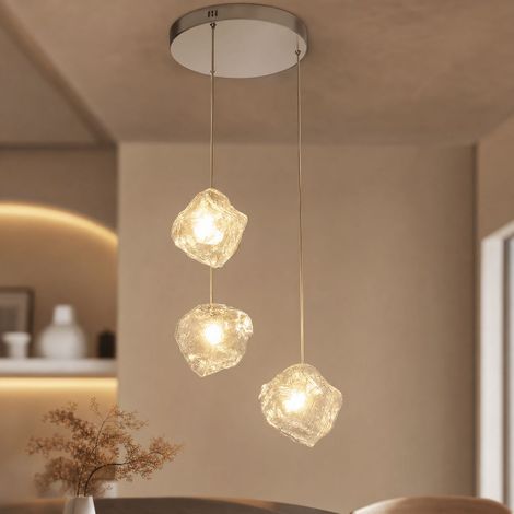 Suspension 3 têtes effet glace, design moderne en verre et métal, lumière LED tricolore réglable, idéale pour salle à manger et entrée (1/4)