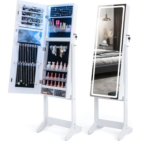 Armadio portagioie in piedi luci LED specchio figura intera Armadio 3 angoli regolabili Bianco (1/4)