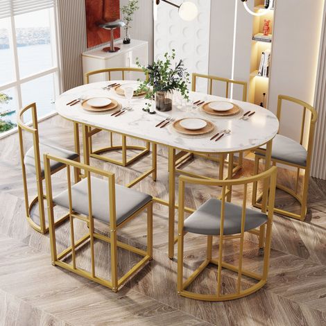 Salle à manger 6 places – Table blanche – Chaises gris – Structure fer doré – Moderne – Réf 308399408AAO (1/5)