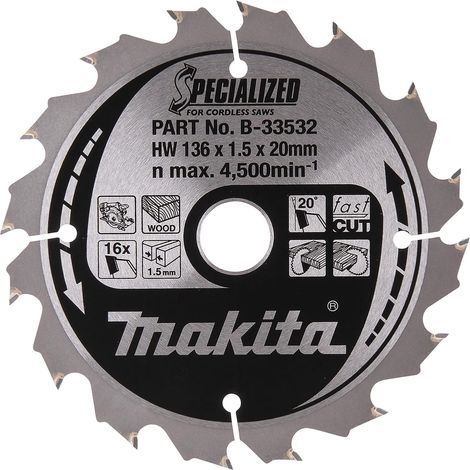 Makita B-33532 High-Performance Circular Saw Blade for Wood, 136mm Diameter, 20mm Arbor, 16 Teeth