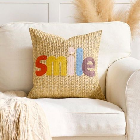 Alphabet-Kissenbezüge 45 cm, quadratische, gestrickte und bestickte Bezüge für Sofa-Bett, Wohnzimmerdekoration (Lächeln)