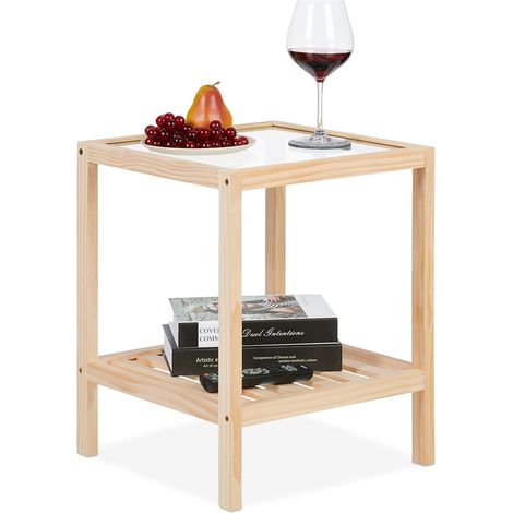 Tavolino da caffè con piano in vetro - Legno di pino, 2 ripiani