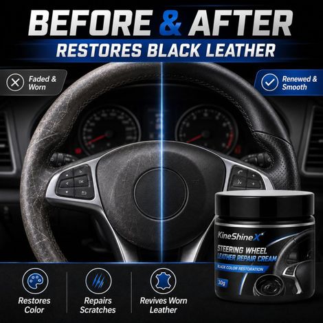 KineShineX Auto-Lenkradleder-Reparaturcreme: Aufbereitung von schwarzem Leder, Farbauffrischung, Reparatur von Kratzern, Abnutzungsspuren und Rissen (1/4)