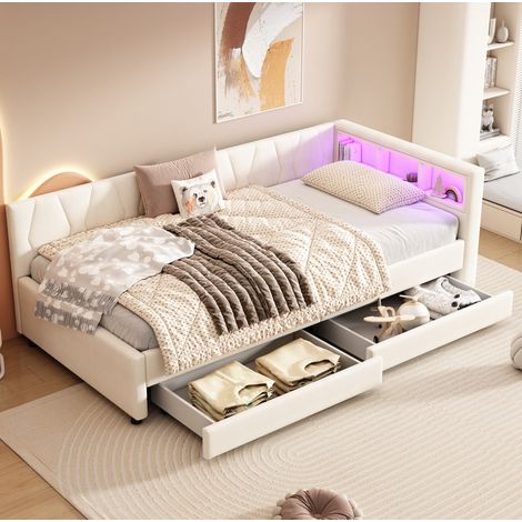 MEUBLIV Bett 90x200 cm beige – mit LED, USB-C, Stauraum und Schubladen, ohne Matratze (1/5)