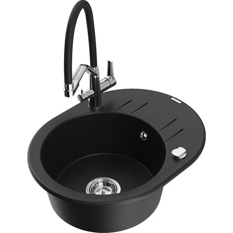 Mexen Kevin 1-Becken-Granitspüle mit Mischbatterie Duo, Schwarz - 6517-77-671701-07 (1/5)