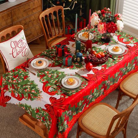 Nappe de Noël Anti Tâches Rouge - Taille : Rectangulaire 180x150cm - Père Noël / Sapin de Noël / Fleur de Noël - Nappe de Noel pour Intérieur ou Extérieur - Table à Manger, Cuisine ou Jardin