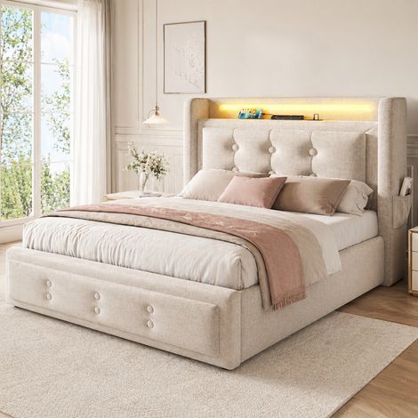 Lit coffre led 90x200 avec rangement sous sommier - chargeurs intégrés - tête capitonnée - charge 150kg - beige (1/5)