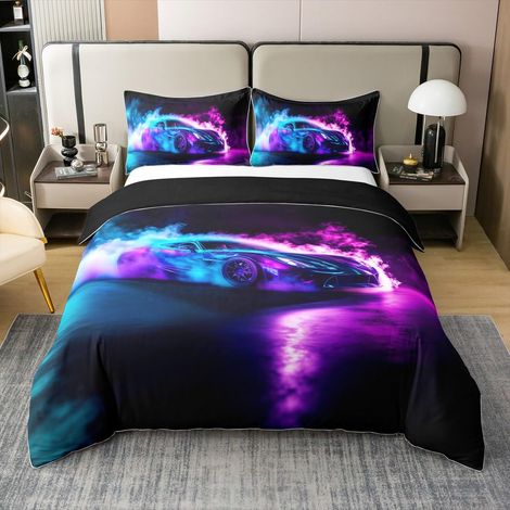 Coton Housse de Couette Décoration de Chambre de Garçons,Voitures Parure de Lit Décorations d'anniversaire Voiture de Course Bleue Violette Couvre Lit 220x240 Cool Voiture de Course Literie (1/5)
