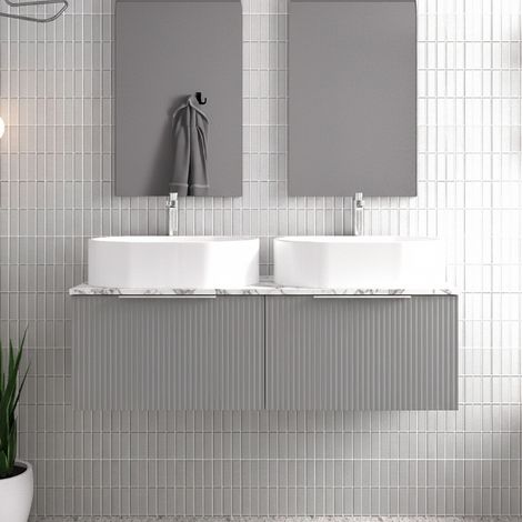 Hudson Reed Fluted Wall Hung 2-Drawer Vanity Unit with Carrera Marble Worktop 1200mm Wide - Satin Grey (1/4)