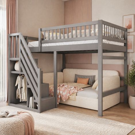 Letto a soppalco 140 x 200 cm con scala contenitore, sponde alte, grigio HAVRYA (1/5)