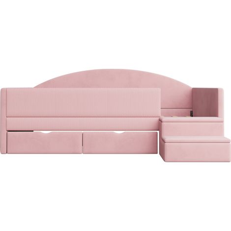 Letto imbottito 90x190 cm rosa con 2 cassetti, sponde e gradini, in velluto (1/5)