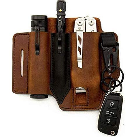 Étui multifonction en cuir avec passant de ceinture, organisateur de poche EDC avec porte-clés, étui pour couteau et lampe torche, idéal pour l'entraînement, le camping, l'escalade, la pêche et les vo (1/5)