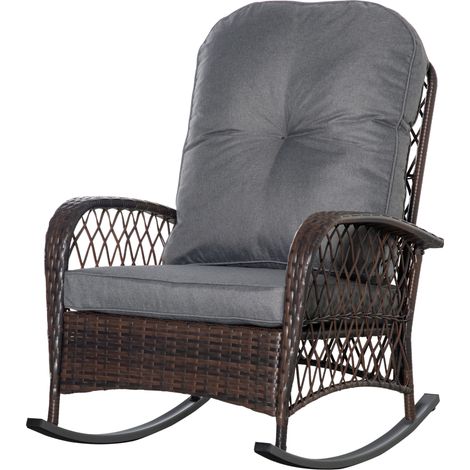 Gepolsterter Schaukelstuhl mit Knopfheftung, braun-graues PE-Rattan, Stahl