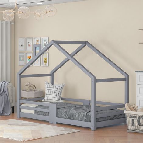 Lit cabane, lit enfant, lit simple, 90  200 cm, avec toit et clôture, lit avec sommier à lattes et tête de lit, protection antichute, en bois de pin, gris,KINSI (1/5)