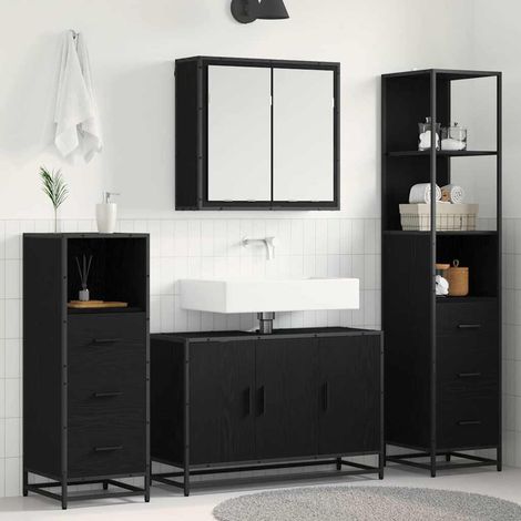 Juego de muebles de baño 4 pcs Roble Negro Madera de ingeniería